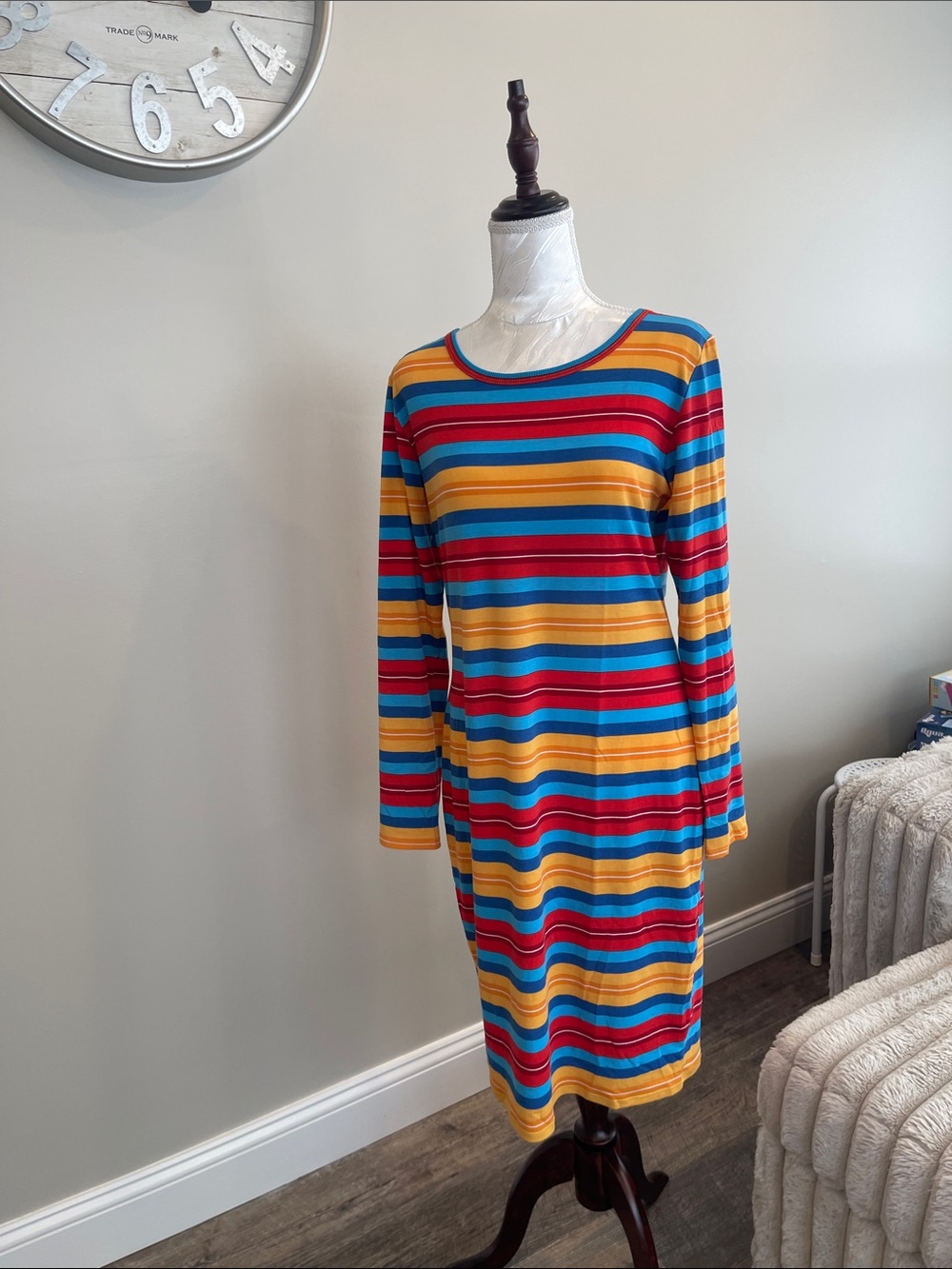 LuLaRoe Striped Long-Sleeve Shift Dress in Red, Blue & Yellow